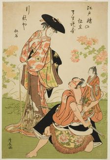 The Actors Iwai Hanshiro IV as Kuzunoha, Ichikawa Yaozo III as Yakanpei, and Ichikawa Ebiz..., 1784. Creator: Torii Kiyonaga