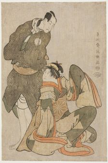 The actors Iwai Hanshiro IV (R) as Ohan of the Shinanoya and Bando Hikosaburo III (L) as..., 1794. Creator: Shunsho