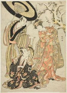 The Actors Iwai Hanshiro IV (right), Ichikawa Monnosuke II (center), and Sakata..., c. 1786. Creator: Katsukawa Shunko