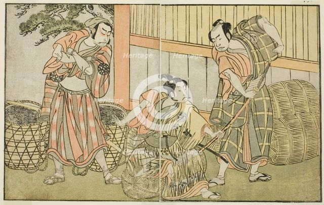 The Actors Kasaya Matakuro II as Hagun Taro (right), Ichikawa Monnosuke II as Izutsu no..., c. 1772. Creator: Shunsho.