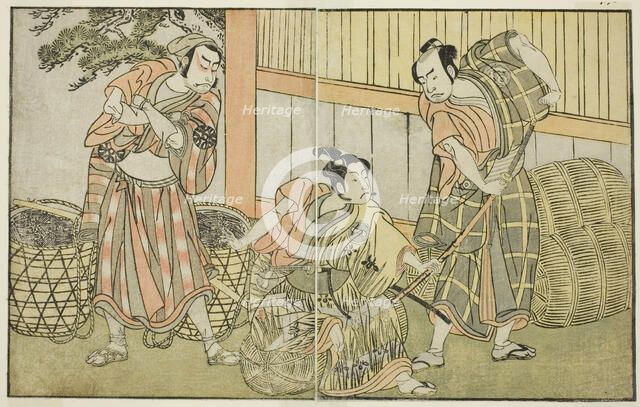 The Actors Kasaya Matakuro II as Hagun Taro (right), Ichikawa Monnosuke II as Izutsu no..., c. 1772. Creator: Shunsho.