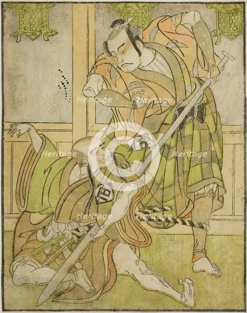 The Actors Kasaya Matakuro II as Nobuyori Disguised as the Yakko Gunnai (right), and Mi..., c. 1772. Creator: Shunsho.