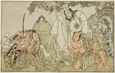 The Actors Nakajima Mihoemon II as Aramaki Mimishiro (right), Matsumoto Koshiro II as..., c. 1772. Creator: Shunsho