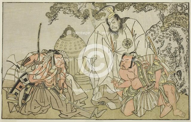 The Actors Nakajima Mihoemon II as Aramaki Mimishiro (right), Matsumoto Koshiro II as..., c. 1772. Creator: Shunsho.