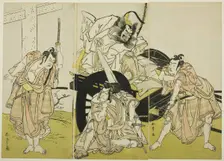 The Actors Nakajima Mihoemon II as Fujiwara no Shihei, Minister of the Left (center, in..., c. 1776. Creator: Shunsho