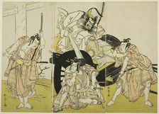 The Actors Nakajima Mihoemon II as Fujiwara no Shihei, Minister of the Left (center, in..., c. 1776. Creator: Shunsho