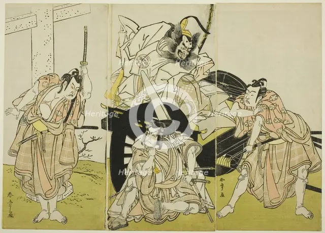 The Actors Nakajima Mihoemon II as Fujiwara no Shihei, Minister of the Left (center, in..., c. 1776. Creator: Shunsho.