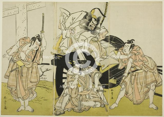 The Actors Nakajima Mihoemon II as Fujiwara no Shihei, Minister of the Left (center, in..., c. 1776. Creator: Shunsho.