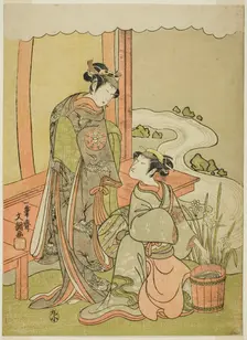 The Actors Nakamura Tomijuro I as Enju Disguised as the Shirbyoshi Gio (right), and..., c. 1770. Creator: Ippitsusai Buncho