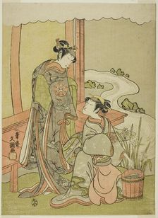 The Actors Nakamura Tomijuro I as Enju Disguised as the Shirbyoshi Gio (right), and..., c. 1770. Creator: Ippitsusai Buncho