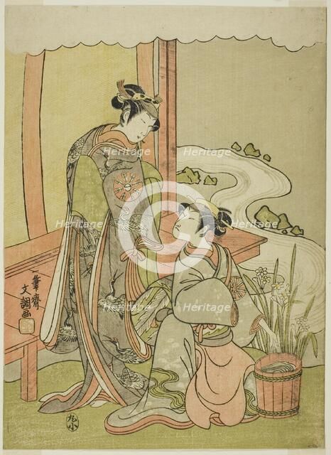 The Actors Nakamura Tomijuro I as Enju Disguised as the Shirbyoshi Gio (right), and..., c. 1770. Creator: Ippitsusai Buncho.