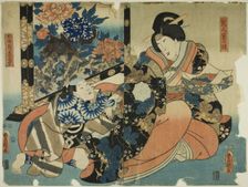 The actors Nakamura Tomijuro II as the wet nurse Shigenoi and Ichimura Uzaemon XIII as Jin..., 1854. Creator: Utagawa Kunisada
