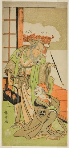 The Actors Nakamura Utaemon I as Karashi Baba (right), and Ichikawa Danjuro IV as Sansh..., c. 1769. Creator: Shunsho