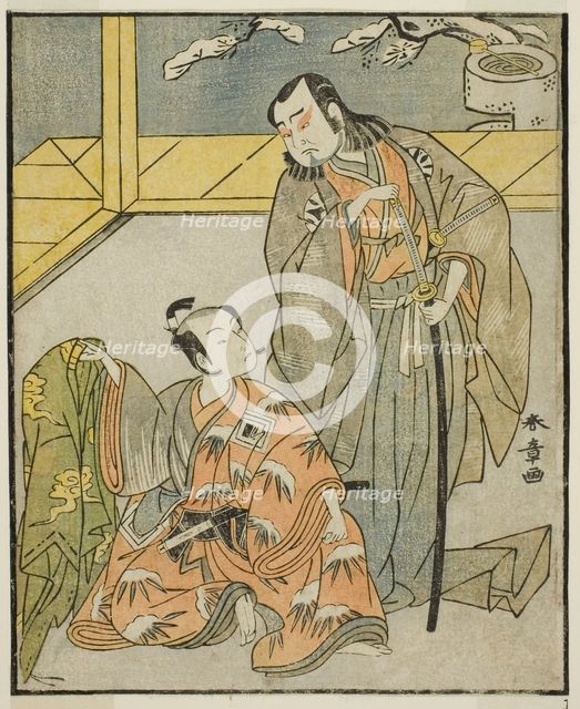 The Actors Nakamura Denkuro II as Suma no Dairyo (right), and Ichikawa Komazo II as..., c. 1772. Creator: Shunsho.