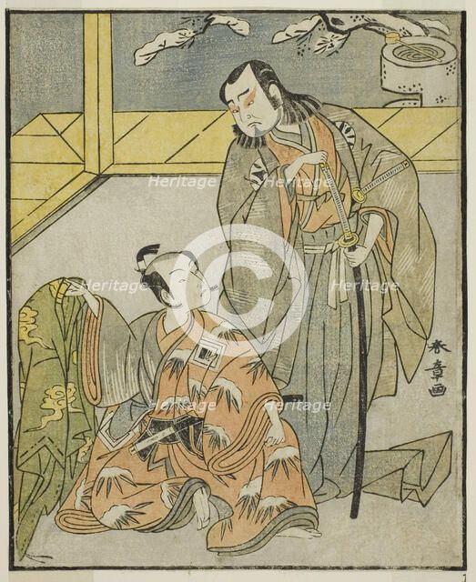 The Actors Nakamura Denkuro II as Suma no Dairyo (right), and Ichikawa Komazo II as..., c. 1772. Creator: Shunsho.