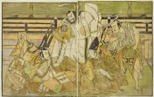 The Actors Nakamura Denkuro II as Seno-o Taro, Ichikawa Komazo II as Yorimasa, Nakamura..., c. 1772. Creator: Shunsho