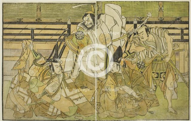 The Actors Nakamura Denkuro II as Seno-o Taro, Ichikawa Komazo II as Yorimasa, Nakamura..., c. 1772. Creator: Shunsho.