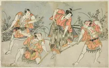 The Actors Nakamura Kashiwagi as a Wakashu (second from right), and Three..., Japan, c. 1772. Creator: Shunsho