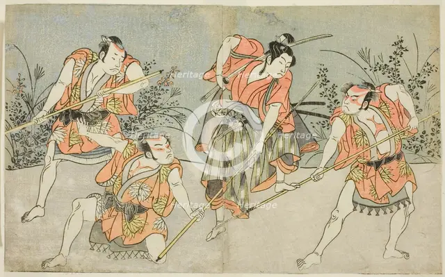 The Actors Nakamura Kashiwagi as a Wakashu (second from right), and Three..., Japan, c. 1772. Creator: Shunsho.