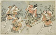 The Actors Nakamura Kashiwagi as a Wakashu (second from right), and Three..., Japan, c. 1772. Creator: Shunsho