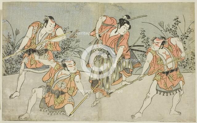 The Actors Nakamura Kashiwagi as a Wakashu (second from right), and Three..., Japan, c. 1772. Creator: Shunsho.