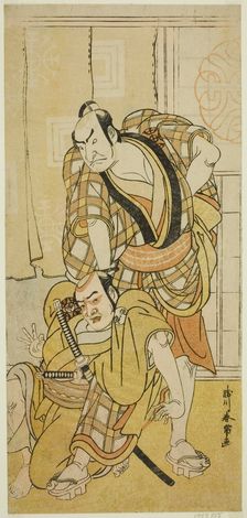 The Actors Nakamura Nakazo I as Tenjiku Tokubei (?) (right) and Bando Kumajuro as..., c. 1783. Creator: Katsukawa Shunjo