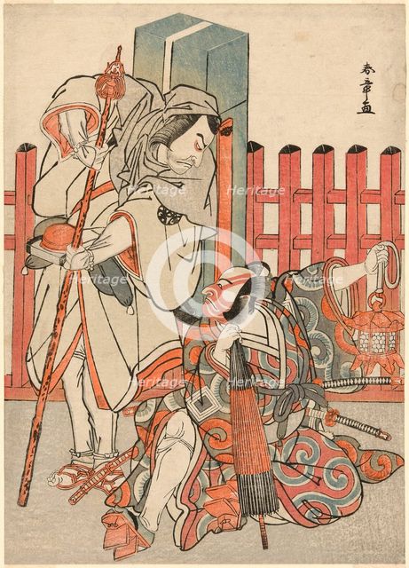 The Actors Nakamura Nakazo I as Chinzei Hachiro Tametomo Disguised as a Pilgrim (left)..., c. 1780. Creator: Shunsho.