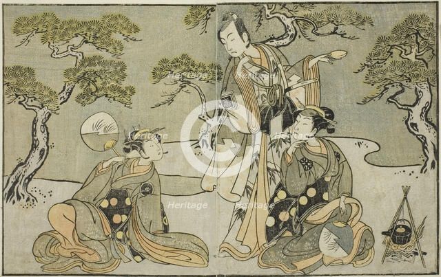 The Actors Nakamura Nakazo I as Matsukaze (right), Ichikawa Komazo II as Ariwara no Yuk..., c. 1772. Creator: Shunsho.
