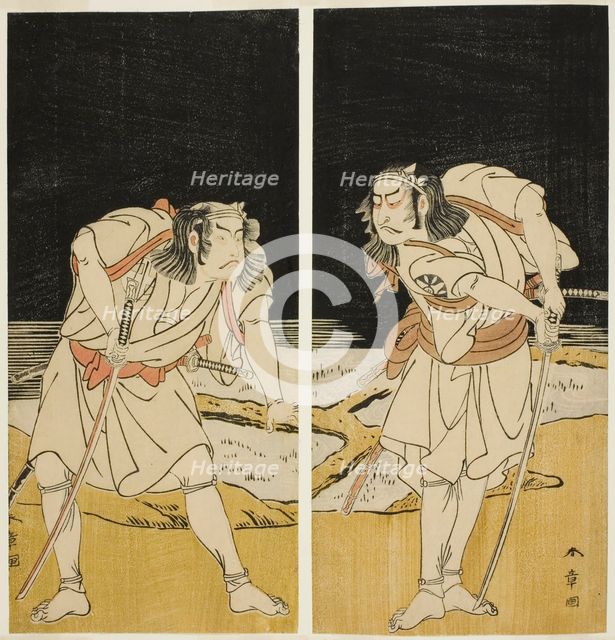The Actors Nakamura Nakazo I as Omi no Kotoda (right), and Otani Hiroji III as Bamba no..., c. 1774. Creator: Shunsho.