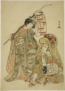 The Actors Nakamura Nakazo I as Onmaya Kisanda Dressed as Kakubei the Lion Dancer (Kaku..., c. 1777. Creator: Shunsho