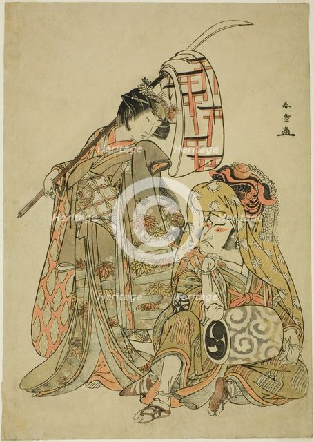 The Actors Nakamura Nakazo I as Onmaya Kisanda Dressed as Kakubei the Lion Dancer (Kaku..., c. 1777. Creator: Shunsho.