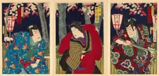 The actors Nakamura Shikan IV as Fuwa Banzaemon, Nakamura Fukusuke IV as the..., 1885. Creator: Toyohara Kunichika