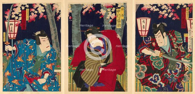 The actors Nakamura Shikan IV as Fuwa Banzaemon, Nakamura Fukusuke IV as the..., 1885. Creator: Toyohara Kunichika.