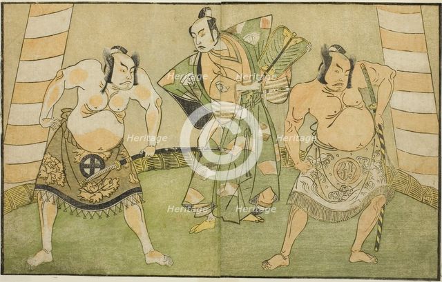 The Actors Nakamura Sukegoro II as Matano no Goro (right), Onoe Kikugoro I as Soga no..., c. 1772. Creator: Shunsho.
