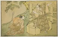 The Actors Onoe Matsusuke I as Akaboshi Taro (right), and Azuma Tozo II as Shirotae..., c. 1772. Creator: Shunsho