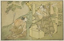 The Actors Onoe Matsusuke I as Akaboshi Taro (right), and Azuma Tozo II as Shirotae..., c. 1772. Creator: Shunsho