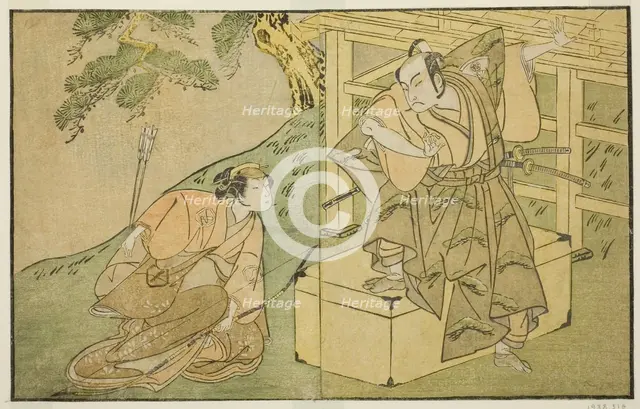 The Actors Onoe Matsusuke I as Akaboshi Taro (right), and Azuma Tozo II as Shirotae..., c. 1772. Creator: Shunsho.