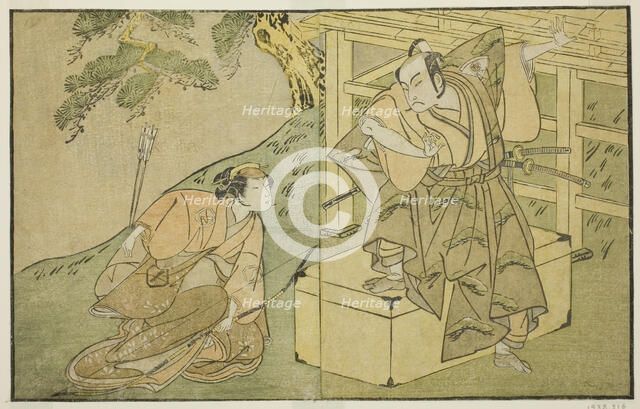 The Actors Onoe Matsusuke I as Akaboshi Taro (right), and Azuma Tozo II as Shirotae..., c. 1772. Creator: Shunsho.