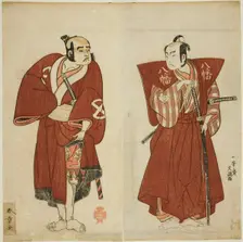 The Actors Onoe Matsusuke I as Yawata no Saburo (right), and Otani Tomoemon I as the..., c. 1772. Creator: Shunsho