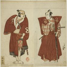 The Actors Onoe Matsusuke I as Yawata no Saburo (right), and Otani Tomoemon I as the..., c. 1772. Creator: Shunsho