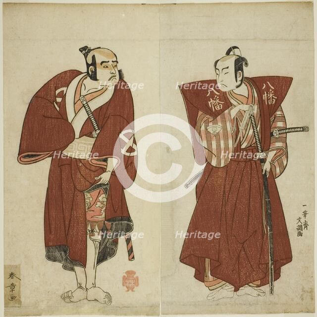The Actors Onoe Matsusuke I as Yawata no Saburo (right), and Otani Tomoemon I as the..., c. 1772. Creator: Shunsho.