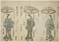 The Actors Onoe Kikugoro I (right), Sanogawa Ichimatsu I (center), and Sanogowa Senzo..., c. 1748. Creator: Torii Kiyonobu II