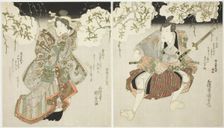 The actors Onoe Kikugoro III (R) as Nagoya Sanza and Iwai Kumesaburo II (L) as the courtes..., 1827. Creator: Utagawa Kunisada