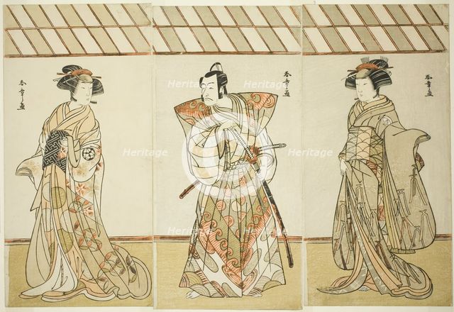 The Actors Onoe Tamizo I as Nishikigi (?) or Otae (?) (right), Ichikawa Danjuro V as..., c. 1778. Creator: Shunsho.
