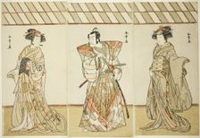 The Actors Onoe Tamizo I as Nishikigi (?) or Otae (?) (right), Ichikawa Danjuro V as..., c. 1778. Creator: Shunsho