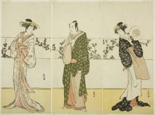 The Actors Osagawa Tsuneyo II (right), Ichikawa Monnosuke II (center), and Segawa..., c. 1785. Creator: Katsukawa Shunko