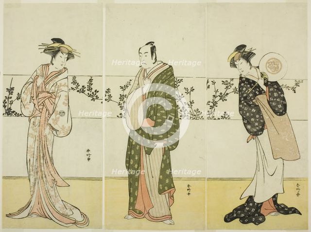 The Actors Osagawa Tsuneyo II (right), Ichikawa Monnosuke II (center), and Segawa..., c. 1785. Creator: Katsukawa Shunko.