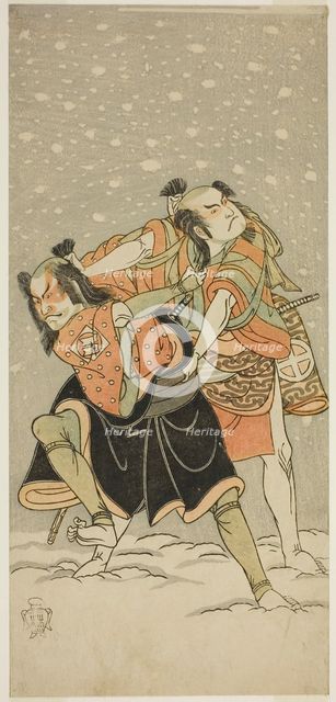 The Actors Otani Hiroji III as Kameo (right), and Sakata Sajuro I as Ario (left), in the Play..., c. Creator: Shunsho.