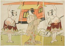 The Actors Otani Hiroji III as Yokambei (right), Nakamura Tomijuro I as Kuzunoha (ce,..., c. 1776. Creator: Shunsho