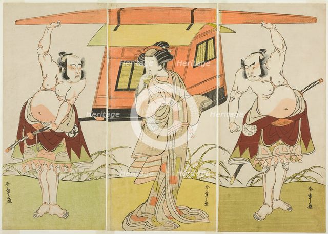 The Actors Otani Hiroji III as Yokambei (right), Nakamura Tomijuro I as Kuzunoha (ce,..., c. 1776. Creator: Shunsho.